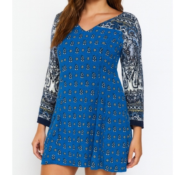 Patrons of Peace boho tunic dress long sleeve V-neck crinkle cut paisley print - Picture 1 of 10